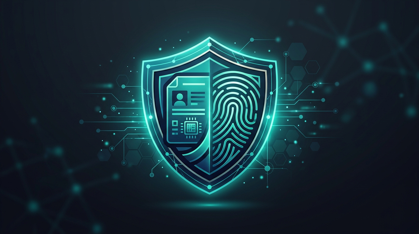 KYC-Prüfschild mit Dokument- und Fingerabdruck-Symbolen