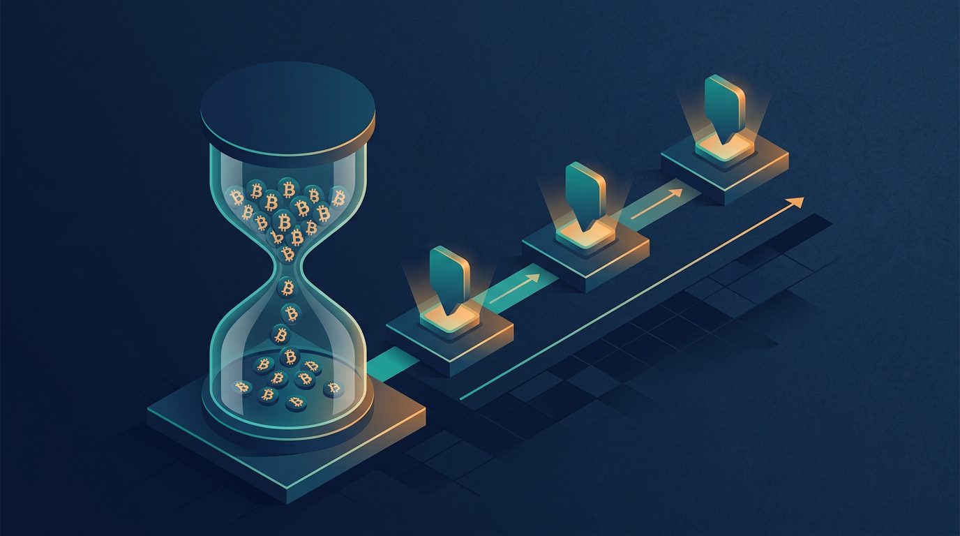 Sanduhr mit Bitcoin-Symbolen neben einer Zeitleiste für die Auszahlungsdauer im Bitcoin Casino