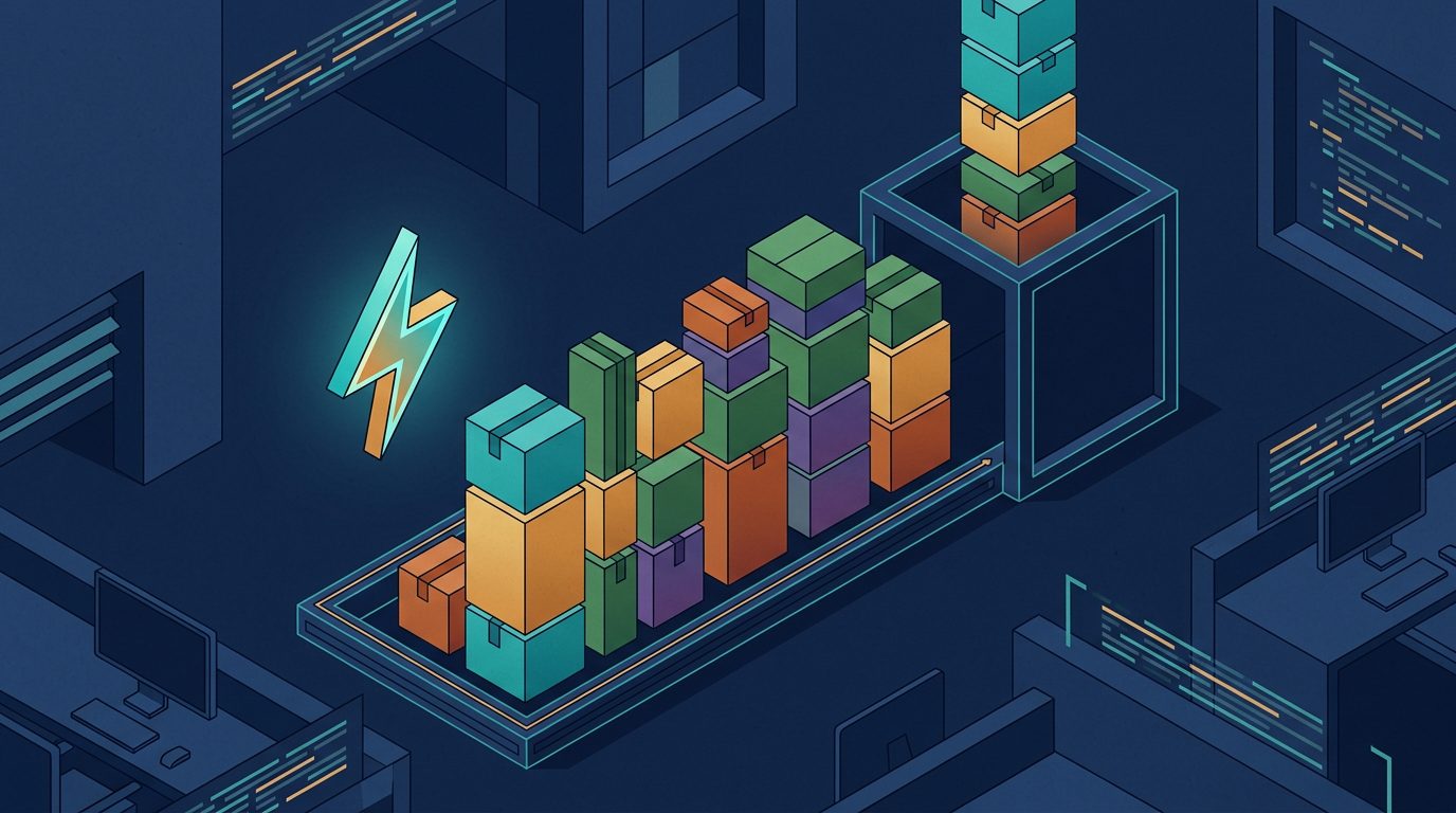 Transaktionsboxen warten im Mempool auf den nächsten Bitcoin-Block, daneben ein Blitz für Lightning