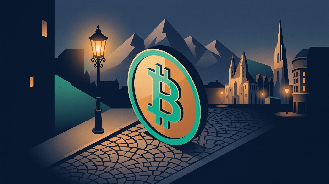 Bitcoin-Münze auf einer Wiener Kopfsteinpflasterstraße in der Abenddämmerung, Symbol für Bitcoin Casino in Österreich