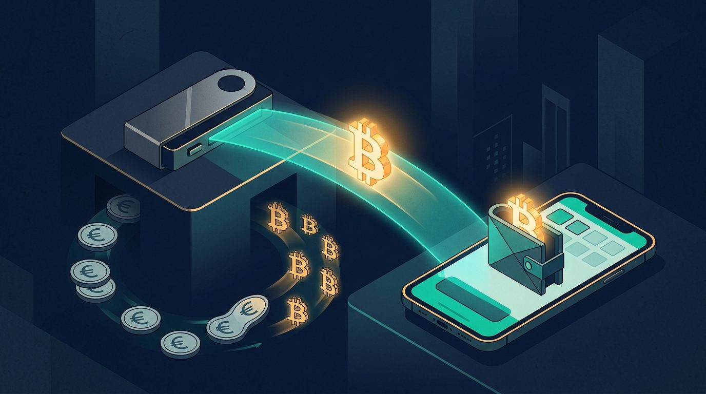 Hardware-Wallet und Smartphone-Wallet tauschen Bitcoin, Euro-Münzen werden zu Bitcoin