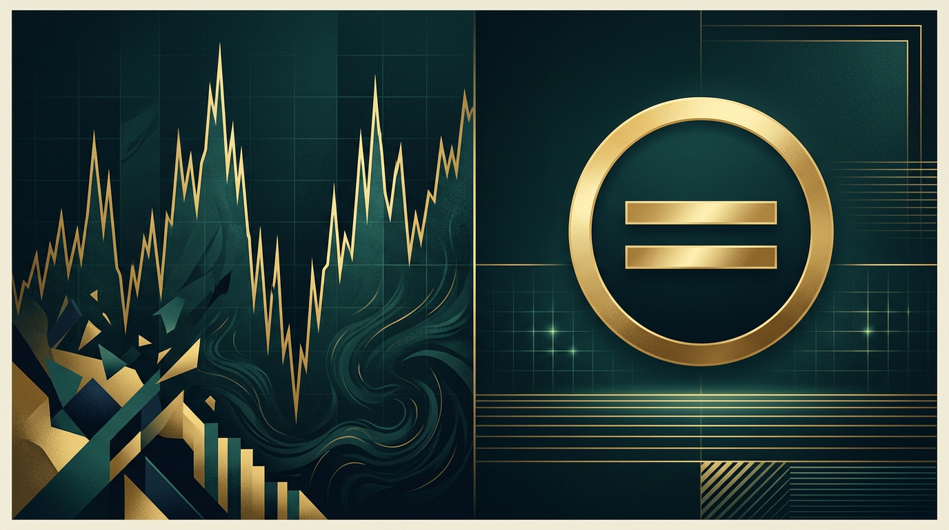 Volatiler Krypto-Kursgraph neben einem stabilen Stablecoin
