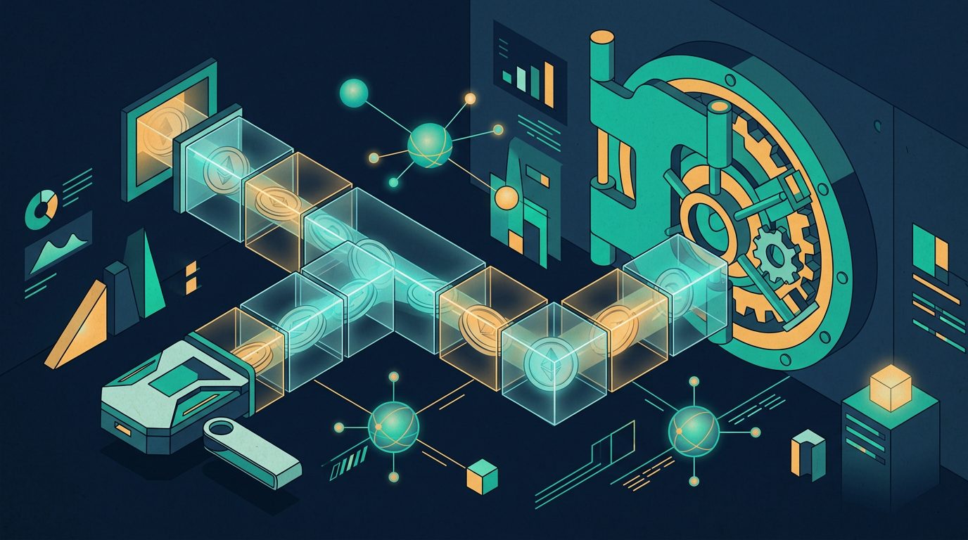 Krypto-Münzen fließen von einer Hardware-Wallet über Blockchain-Blöcke zu einem Tresor