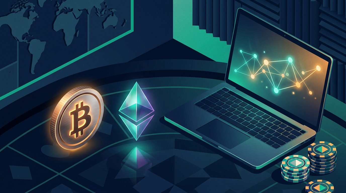 Bitcoin- und Ethereum-Münzen auf einem Casinotisch neben einem Laptop mit Blockchain-Grafik