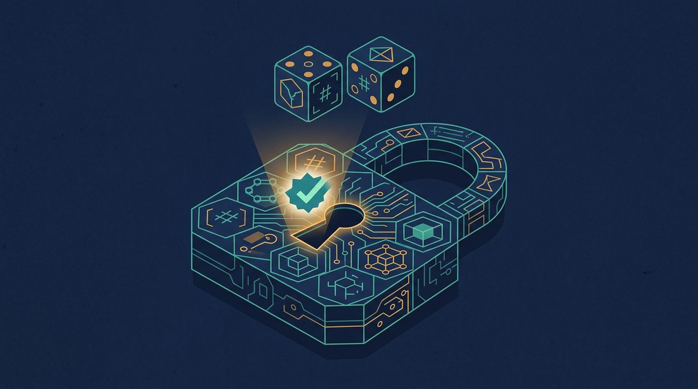 Kryptografisches Schloss aus Hash-Mustern über Würfeln als Symbol für Provably Fair
