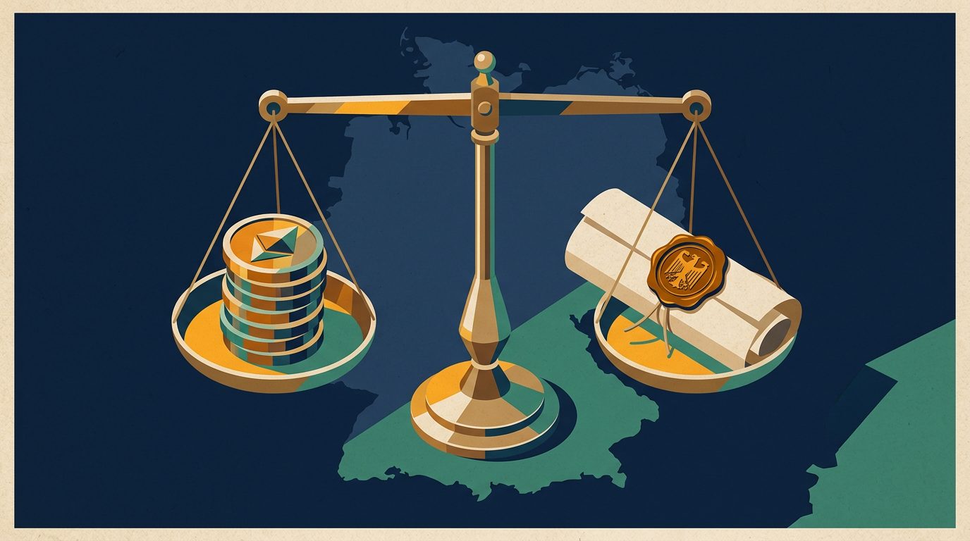 Waage zwischen Krypto-Münzen und gesiegeltem Dokument vor einer Deutschlandkarte als Symbol für die Rechtslage von Crypto Casinos