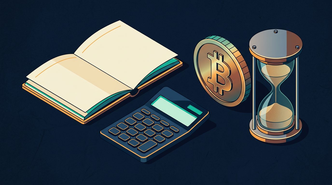 Steuerbuch, Taschenrechner, Bitcoin-Münze und Sanduhr als Symbol für die einjährige Haltefrist
