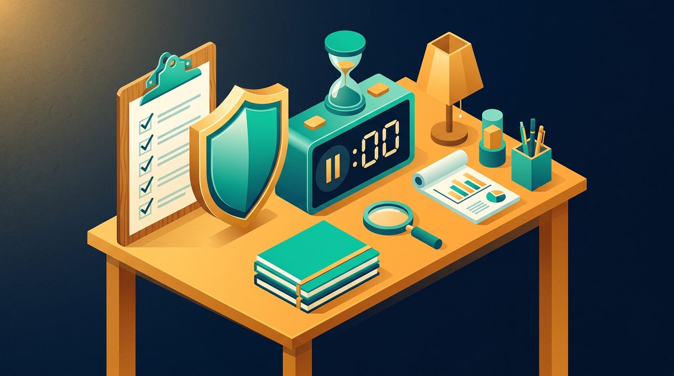 Schreibtisch mit Checkliste, Schutzschild und pausiertem Timer als Symbol für Limits beim Spielen im Crypto Casino