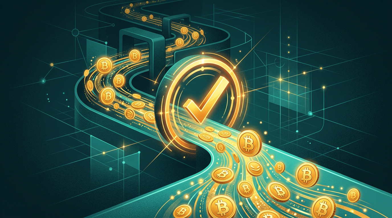 Cancello di approvazione con spunta luminosa su un flusso di monete bitcoin
