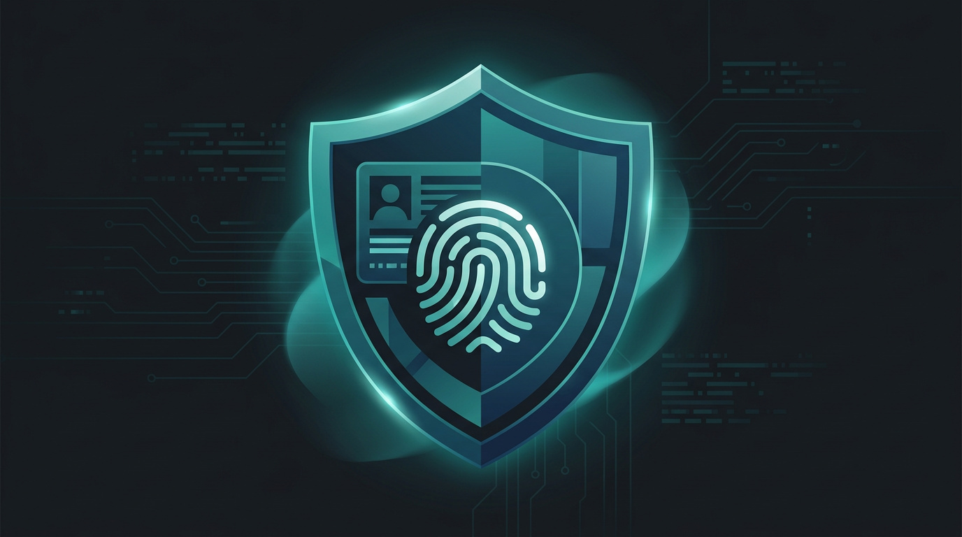 Scudo di verifica identità KYC con icone di documento e impronta