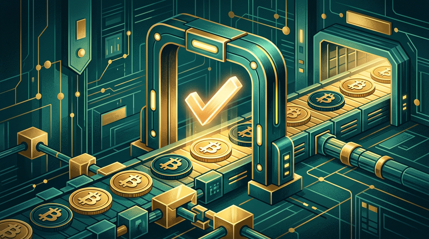 Godkännandegrind med lysande bock över en ström av bitcoinmynt