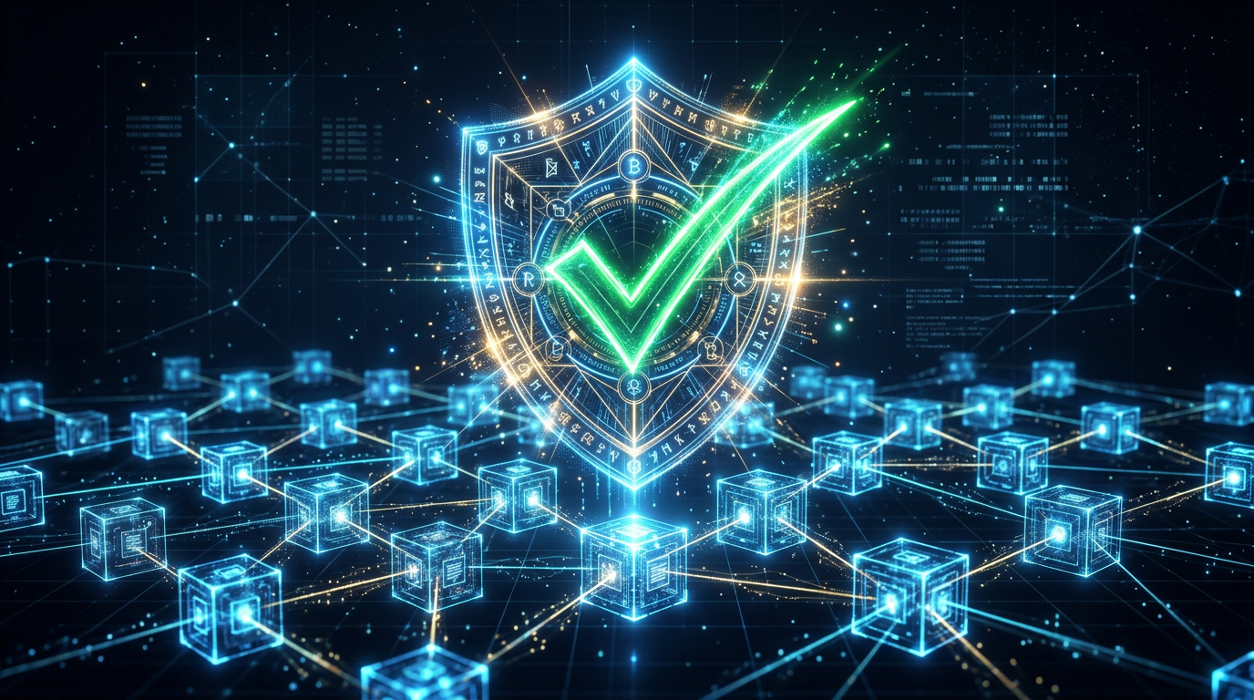 Cryptographic shield with a verification checkmark over blockchain nodes