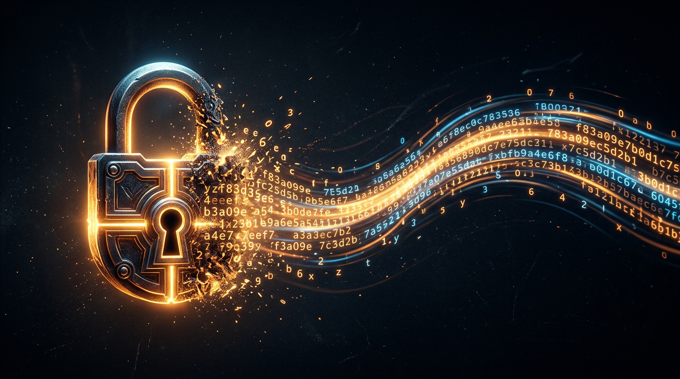 Padlock transforming into a stream of hash code characters