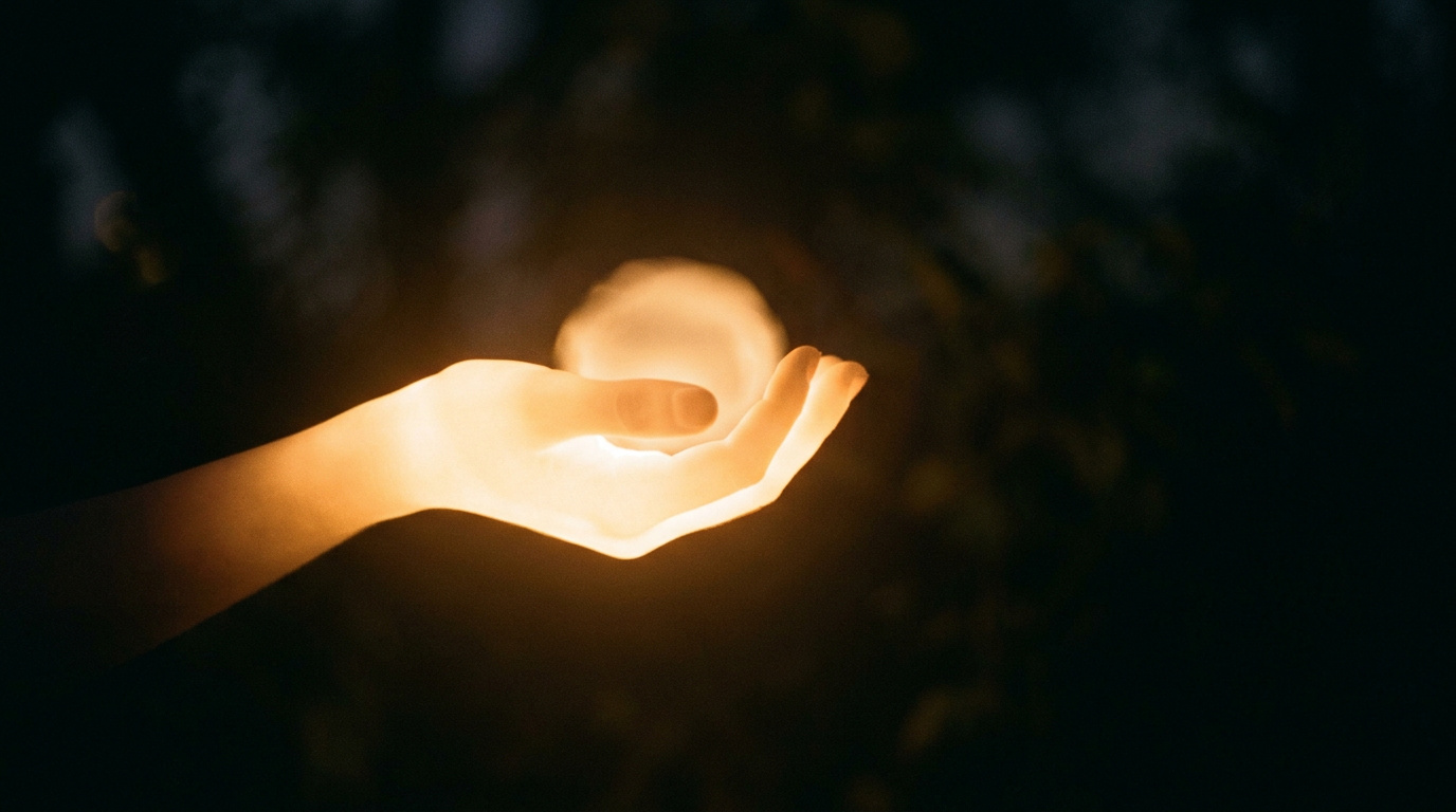 Warm glowing hand silhouette offering support