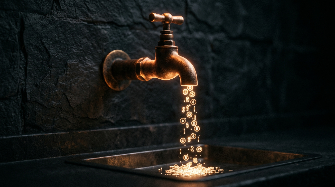 A faucet dripping small crypto coin droplets of light