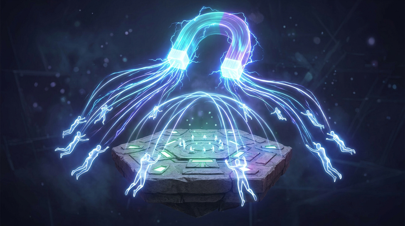 Magnet attracting player figures of light back to a platform