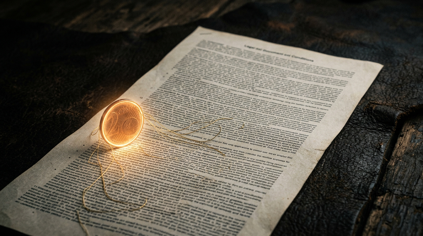 Tiny coin next to fine-print conditions document