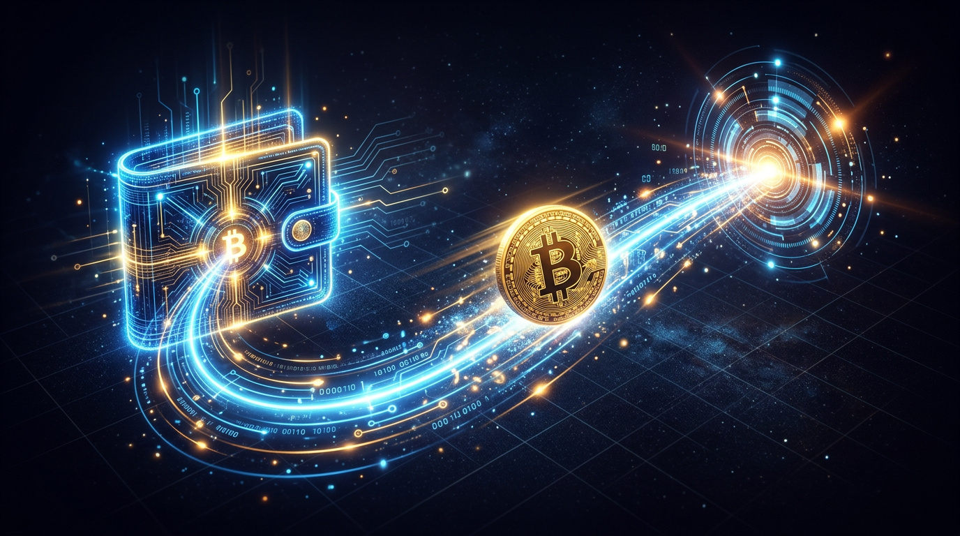 Crypto wallet sending a bitcoin coin along a light path
