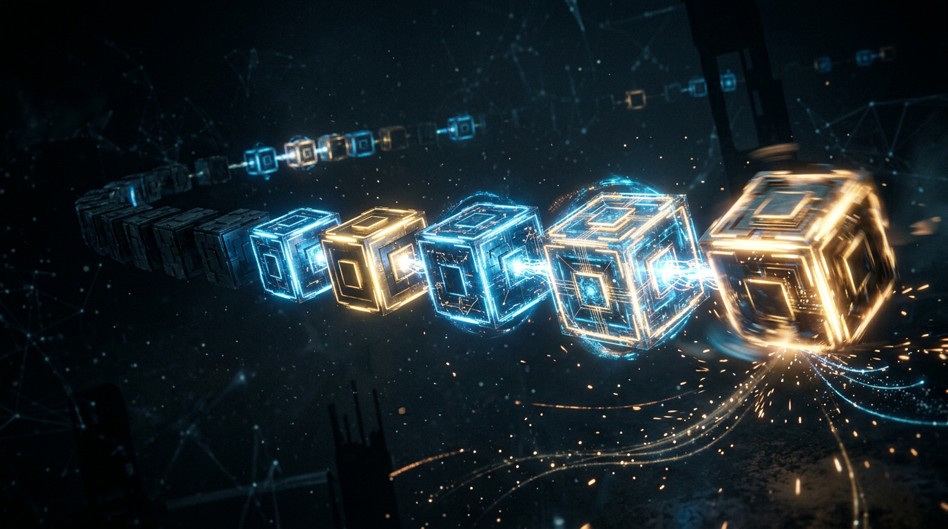 Chain of blockchain blocks being added as confirmations