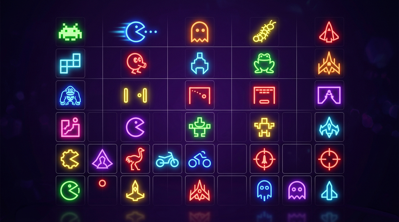 Collection of minimalist arcade game icons in a grid