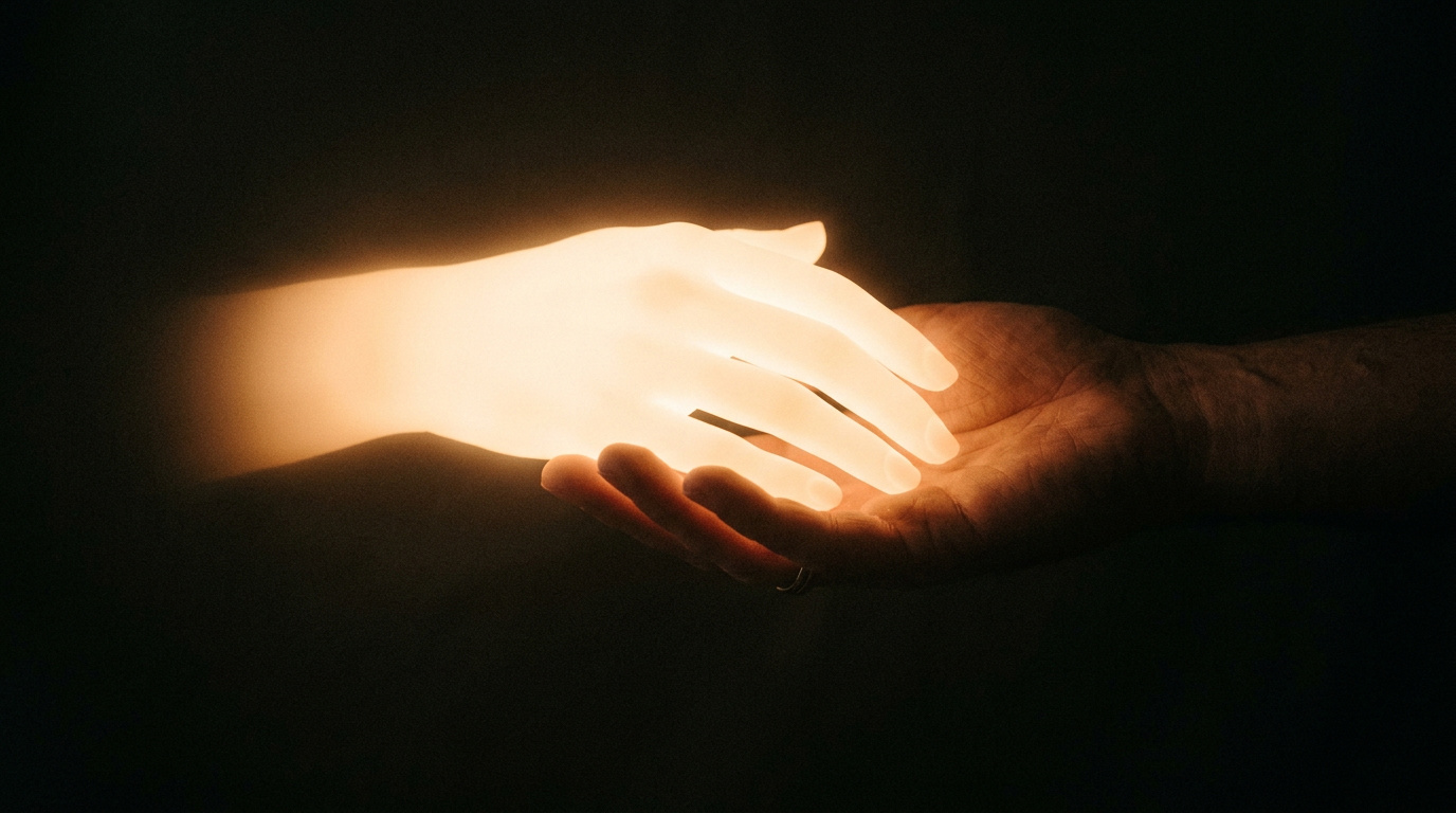 Warm glowing hand silhouette offering support