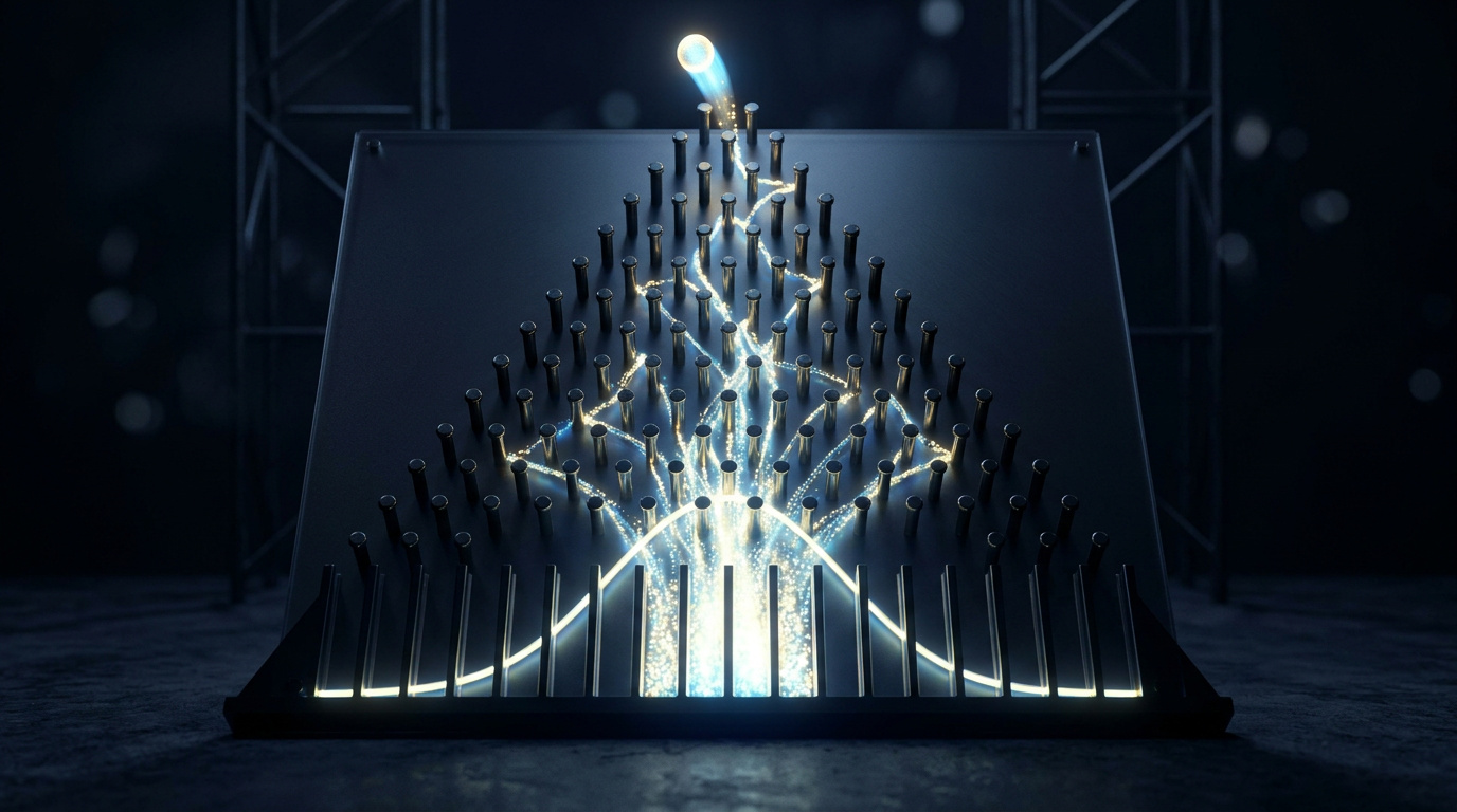 Ball dropping through a peg grid forming a bell curve of light